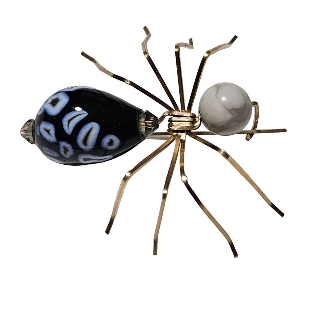 Handcrafted Gold Wire Spider Brooch Glass Body Halloween Fashion Jewelry Women